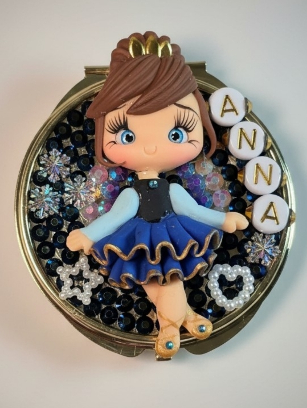 Custom Anna Frozen Clay Doll Compact Mirror Handmade Bling Rhinestone 2.75"